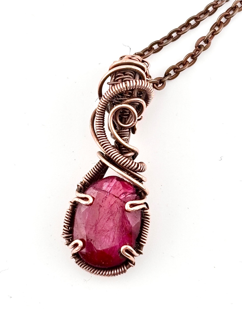 HANDMADE Faceted Ruby Copper Wire Wrapped Pendant Necklace, Artisan Jewelry Gift